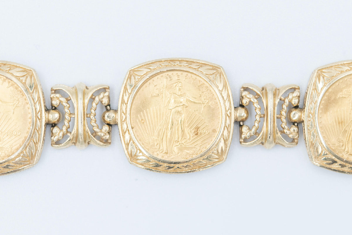 14K Gold Coin Bracelet 5x 1999 $5 American Eagle 1/10 oz Fine Gold Coins 8"