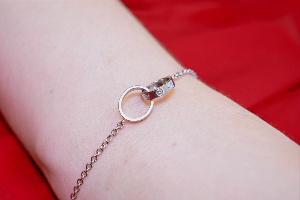 Cartier Baby Love Bracelet 18K White Gold Double Rings Chain w/ Box Authentic