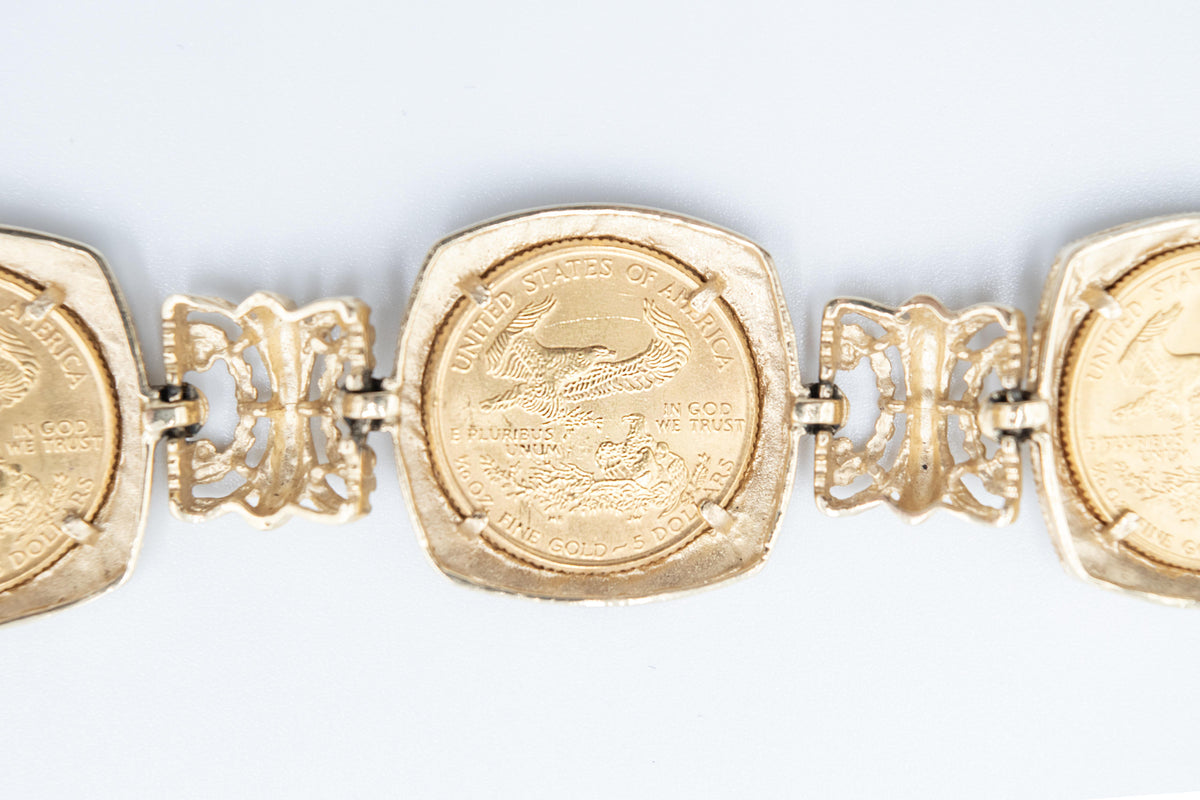 14K Gold Coin Bracelet 5x 1999 $5 American Eagle 1/10 oz Fine Gold Coins 8"
