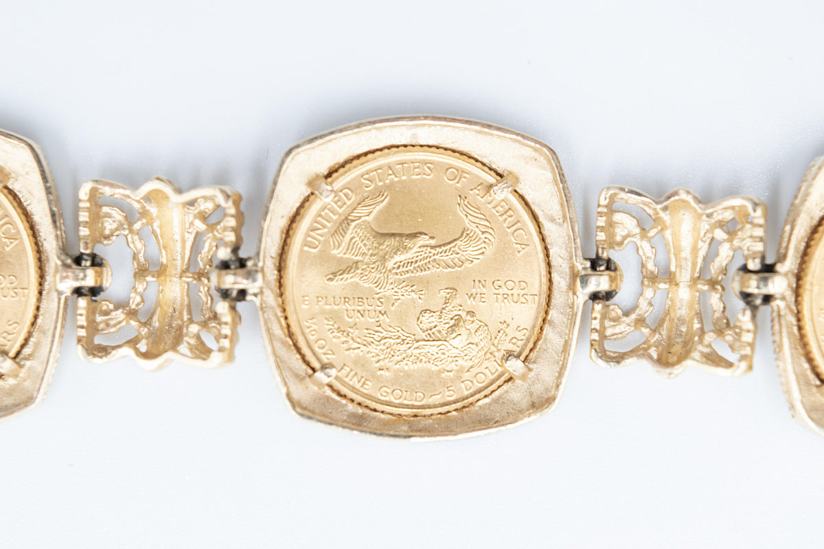 14K Gold Coin Bracelet 5x 1999 $5 American Eagle 1/10 oz Fine Gold Coins 8"