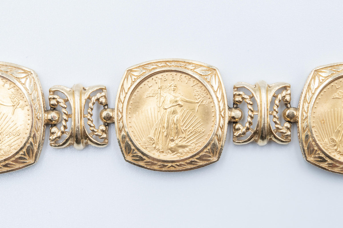 14K Gold Coin Bracelet 5x 1999 $5 American Eagle 1/10 oz Fine Gold Coins 8"