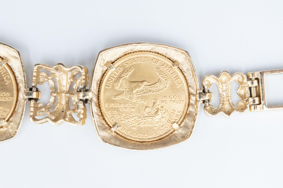 14K Gold Coin Bracelet 5x 1999 $5 American Eagle 1/10 oz Fine Gold Coins 8"